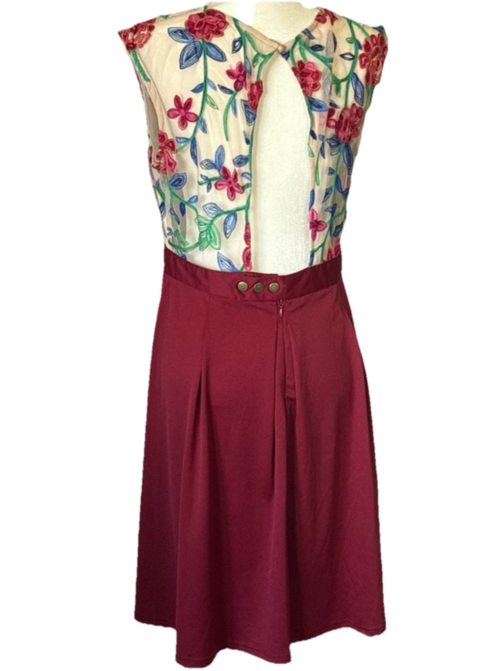 ACEVOG Burgundy Cocktail Dress Floral Embroidered Mesh Pleated Open Back Size M - Picture 2 of 8